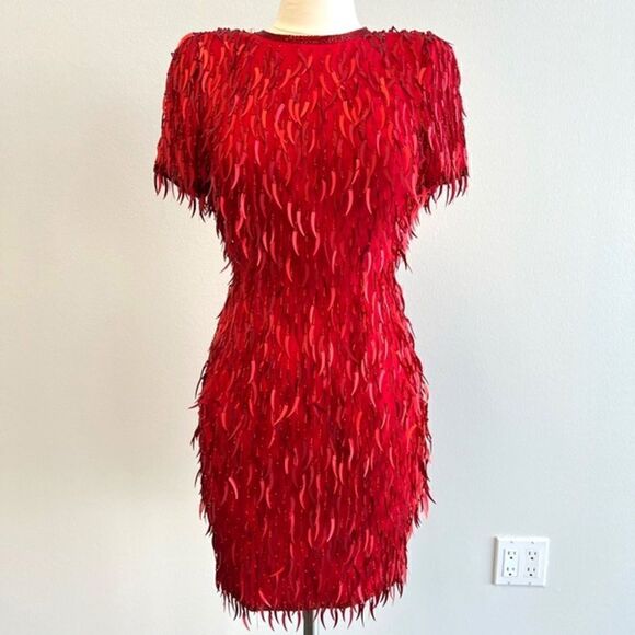 A.J. Bari Petites Women’s 4 Cattail Fringe Sequin Party Cocktail Midi Dress Silk - Picture 1 of 14